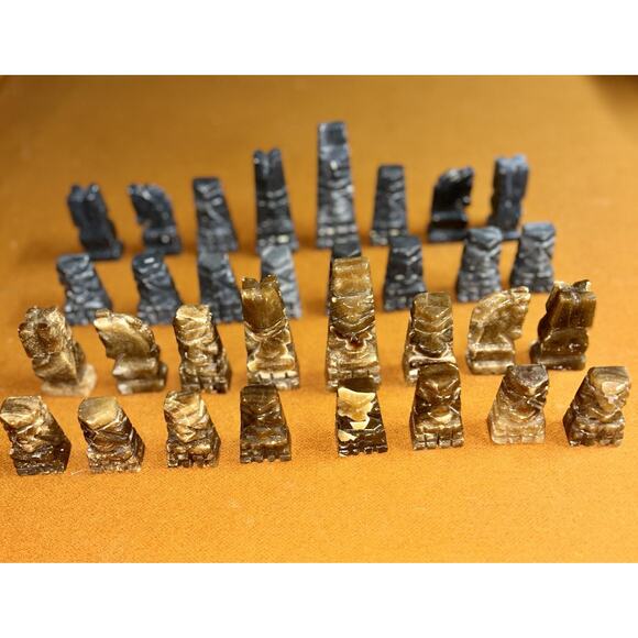 Hand-Carved Stone Chess Set with Unique Patterned Pieces